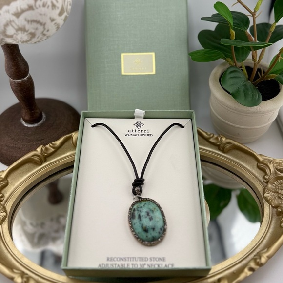 Atterri Adjustable  Cord Necklace with Oval Green Reconstituted Stone Pendant - Picture 5 of 8